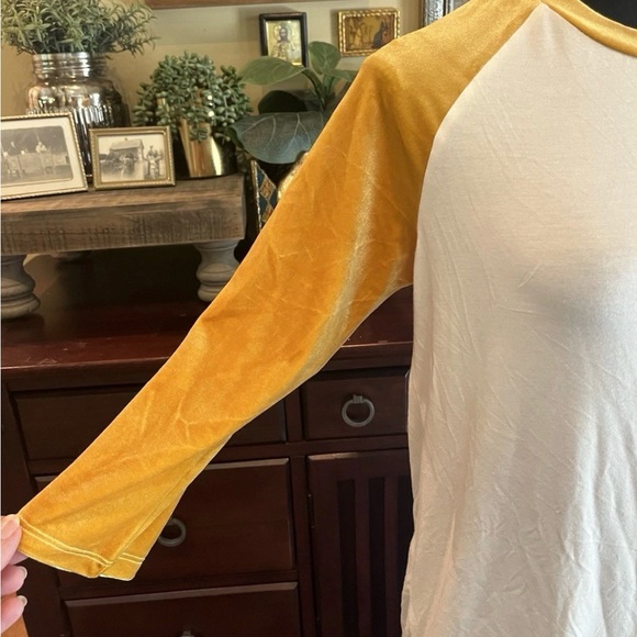 Modcloth White and Gold Velvet Sleeves Baseball Top - Picture 2 of 6